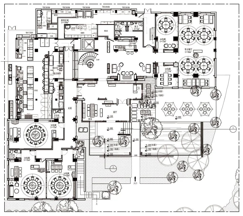 Floor plan of a commercial space showcasing mixed materials and design