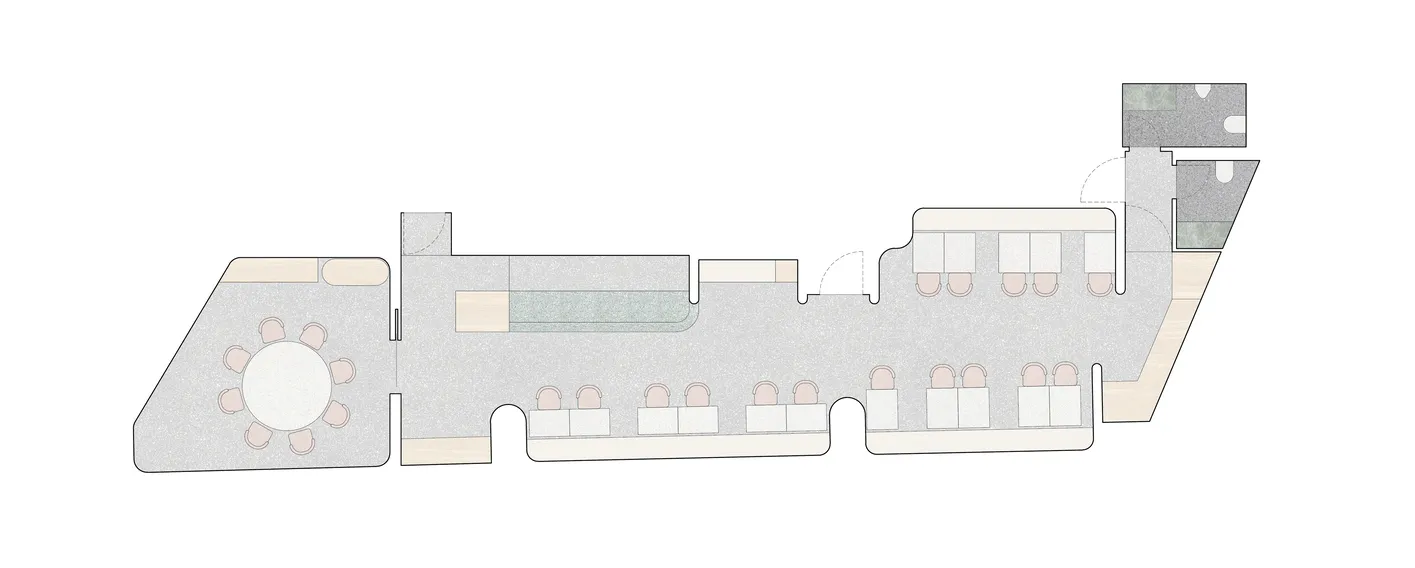 一張2D技術圖，描繪現代商業辦公室空間，搭配白色嵌板與混凝土地板。