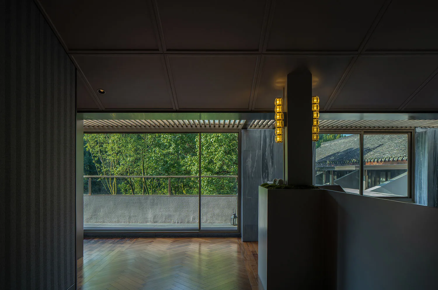 Interior view of a modern home featuring wooden flooring.