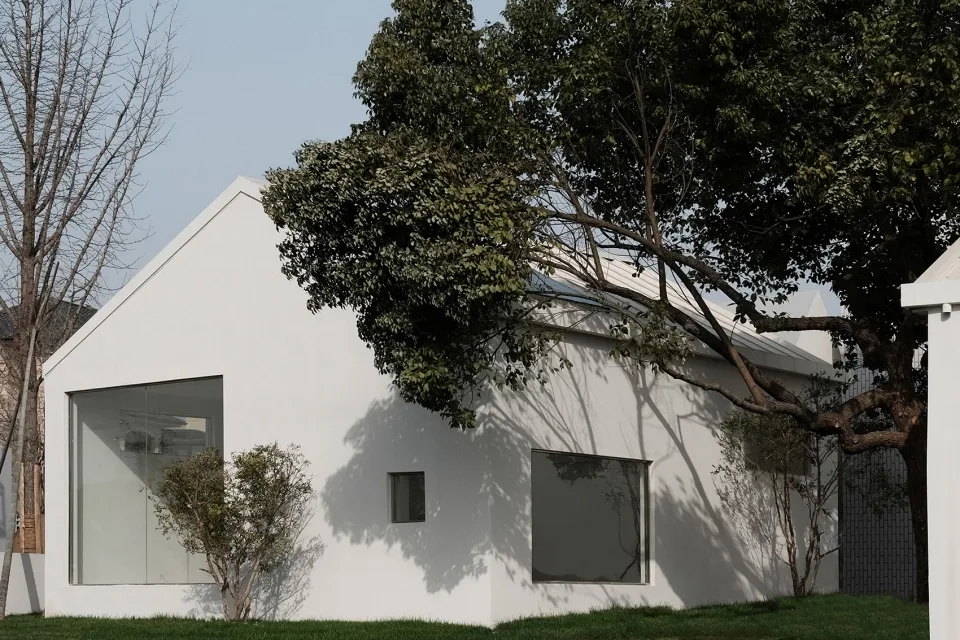 Modern house exterior with concrete walls and large glass windows surrounded by greenery and trees.