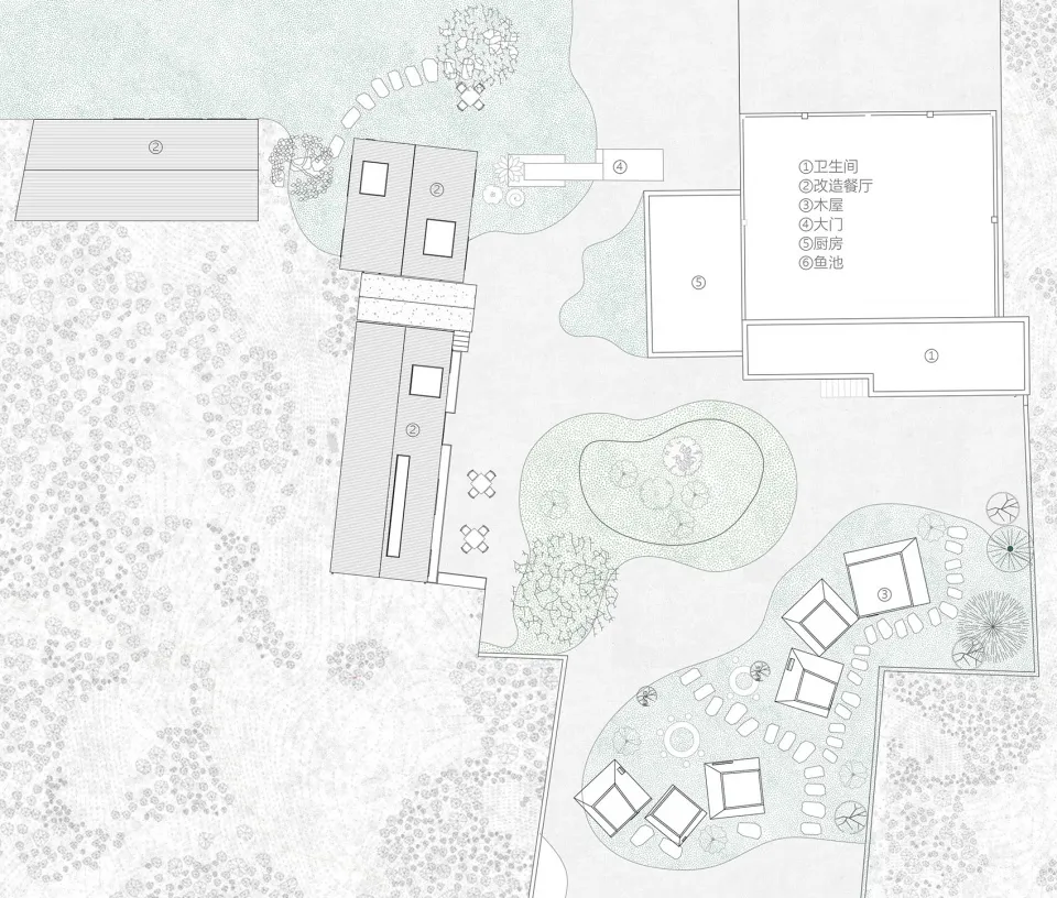 住宅建築的平面圖,標示出各個房間與空間。