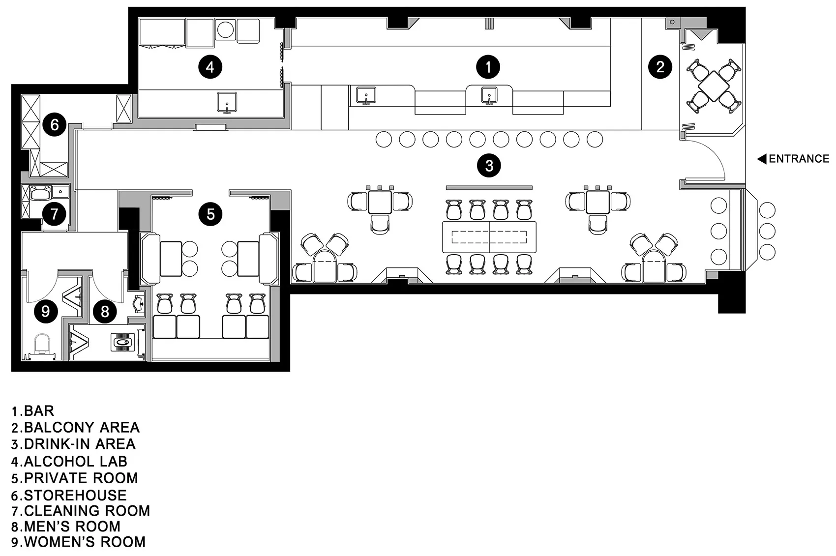 Floor plan of a restaurant's bar area showing seating arrangements and functional zones.