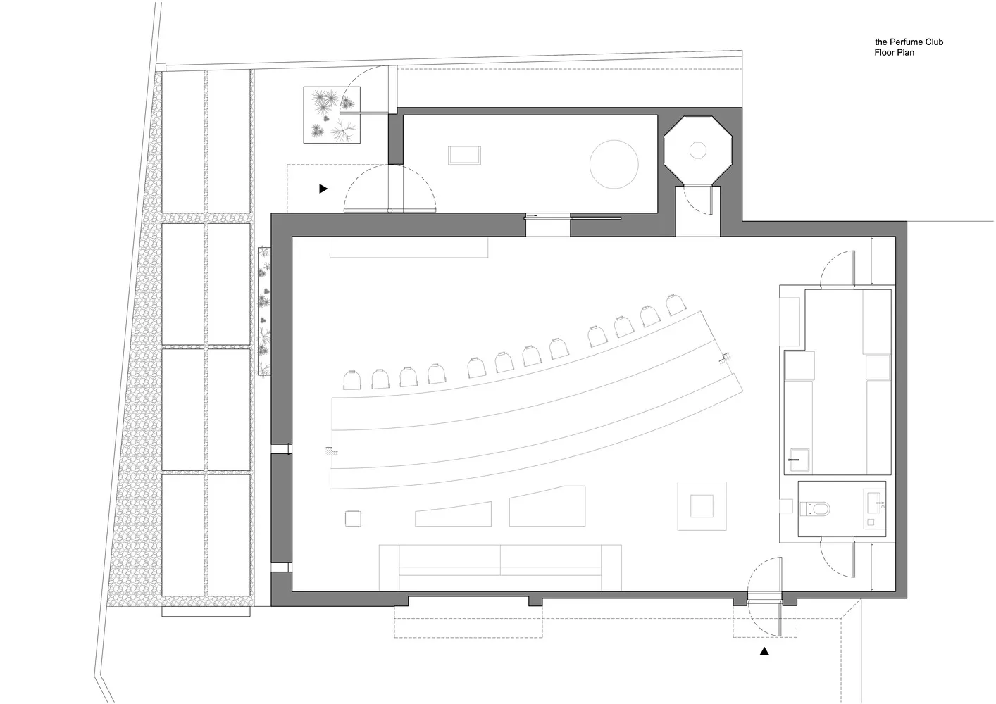 Floor plan of The Perfume Club building, showing a lobby, seating area, and other functional zones.