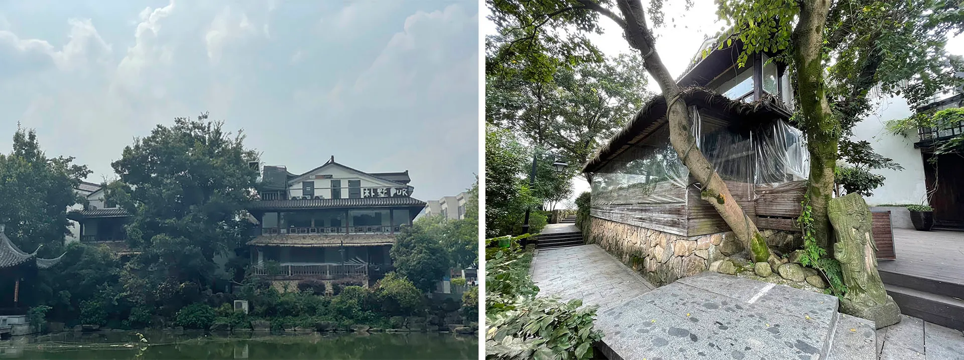 Traditional Chinese residential structure with wooden beams, stone walls, and glass windows surrounded by green foliage and w