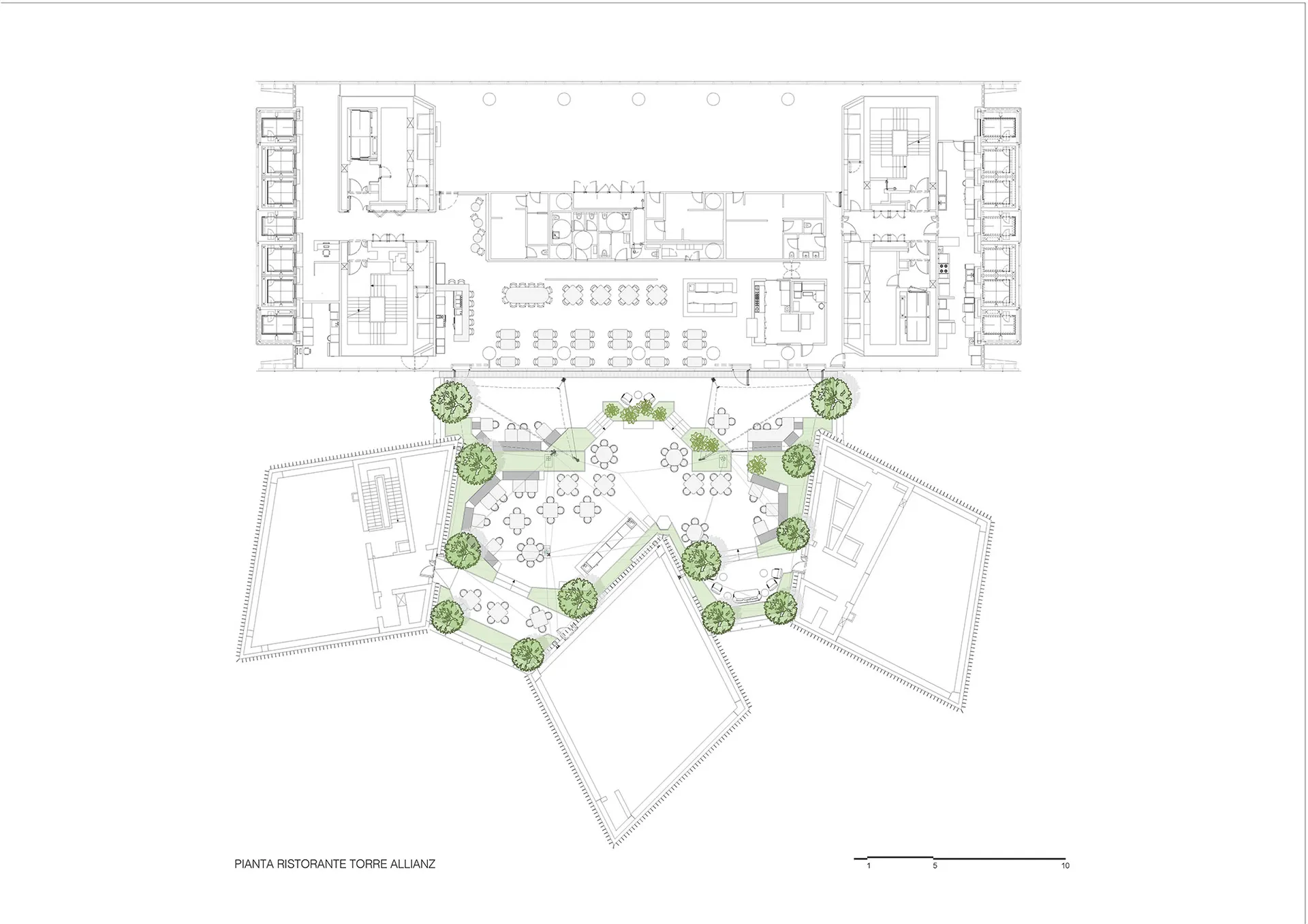 A detailed architectural floor plan of a restaurant showing the layout of dining areas, kitchen, and additional rooms.