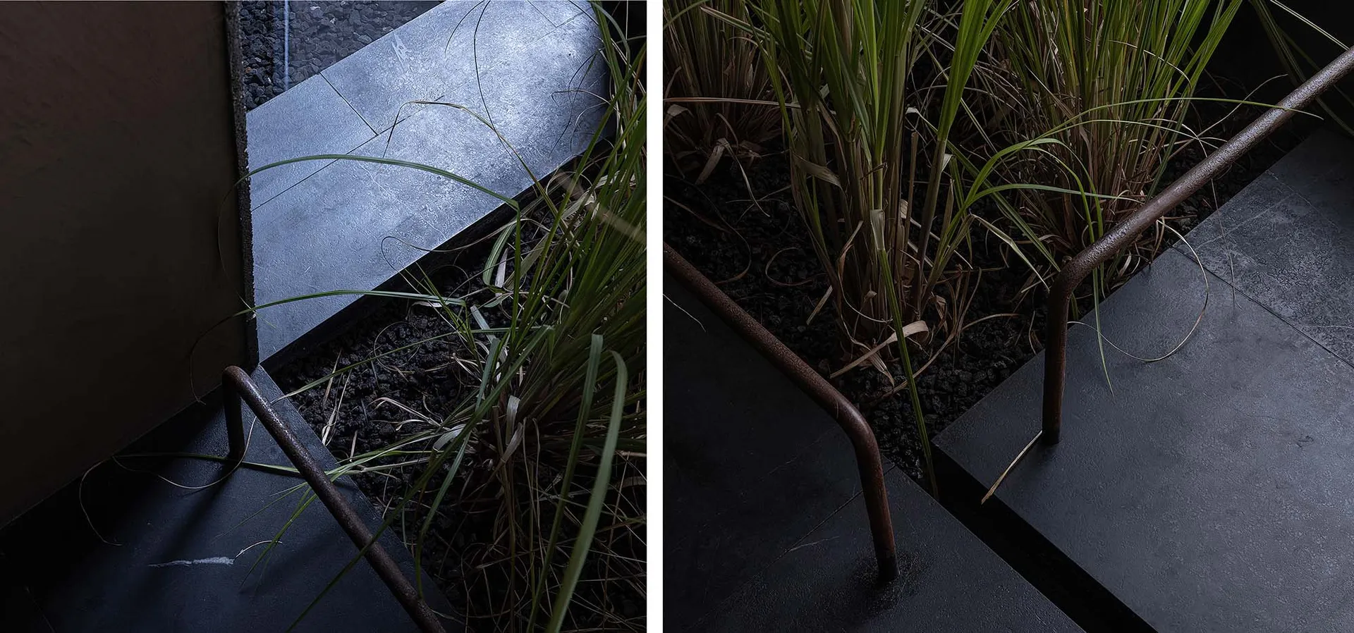 Concrete and steel plant bed with green grass.