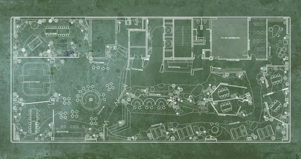 A detailed technical blueprint of an industrial office space