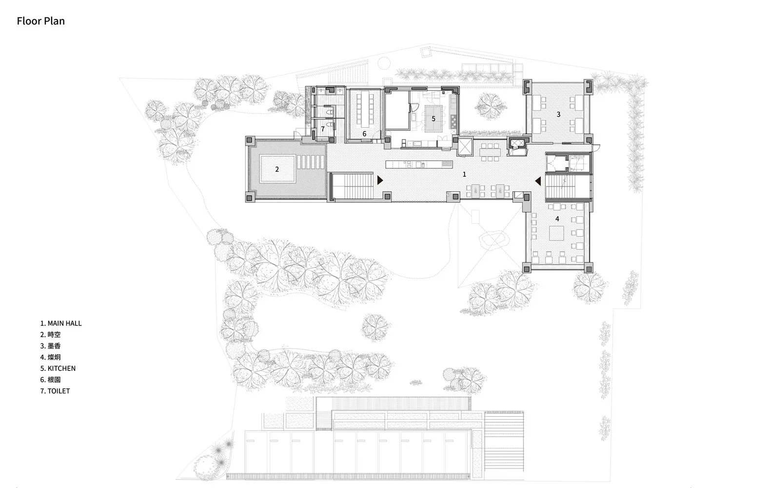 現代住宅的詳細建築藍圖,包含房間、配置與尺寸。