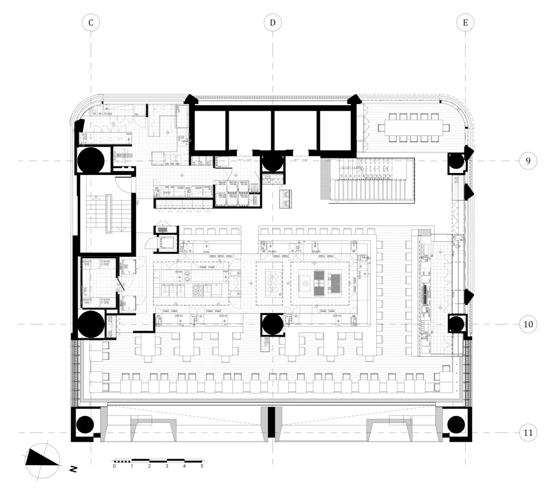 一張以混凝土材質設計的現代餐廳2D技術平面圖,展示廚房與餐廳區域的配置