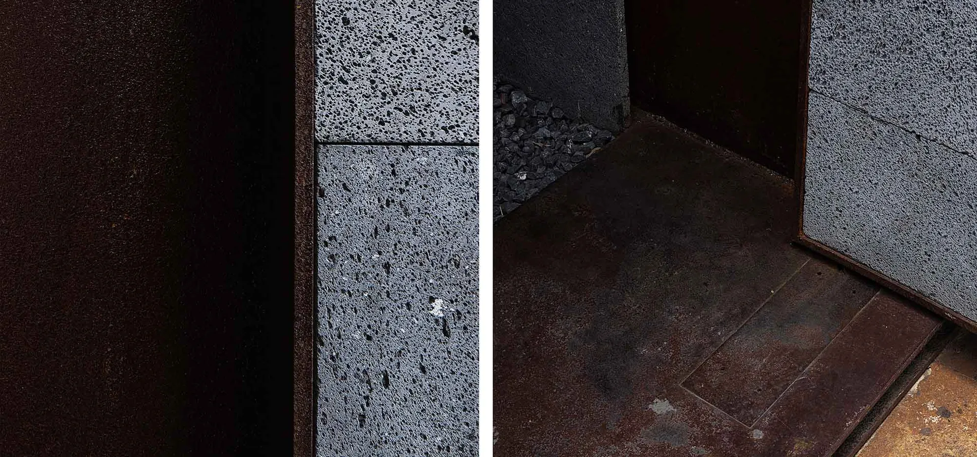 Close-up view of rustic concrete fireplace interior.