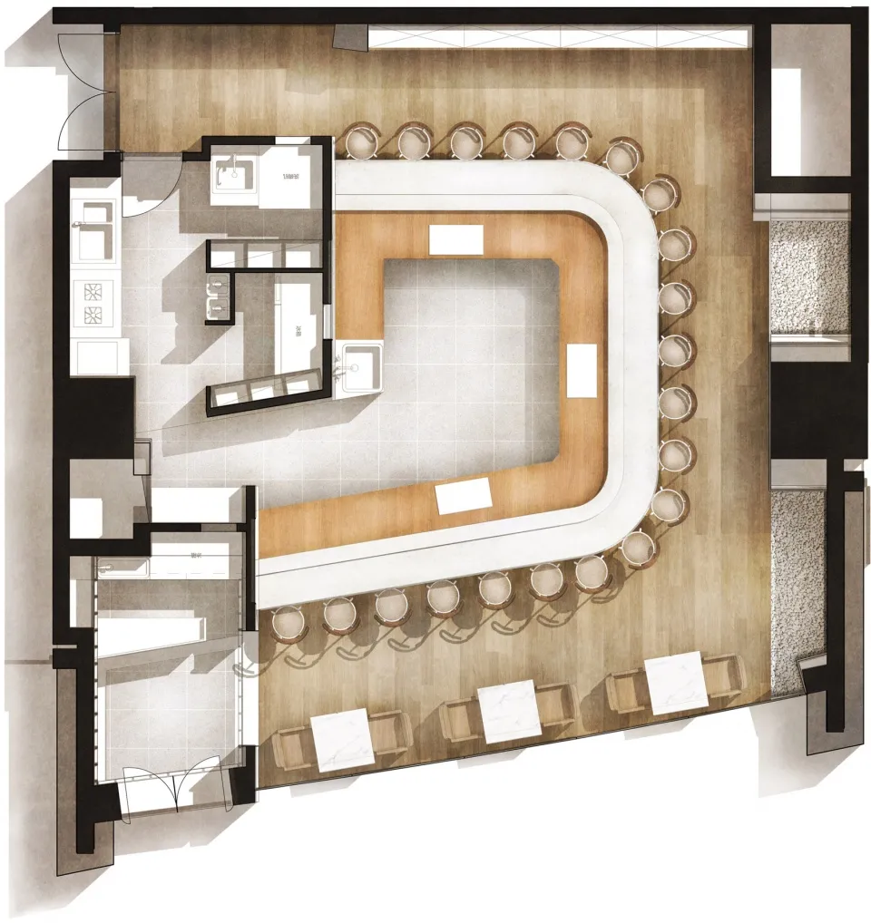 Floor plan of a cafe bar featuring wooden flooring and seating.