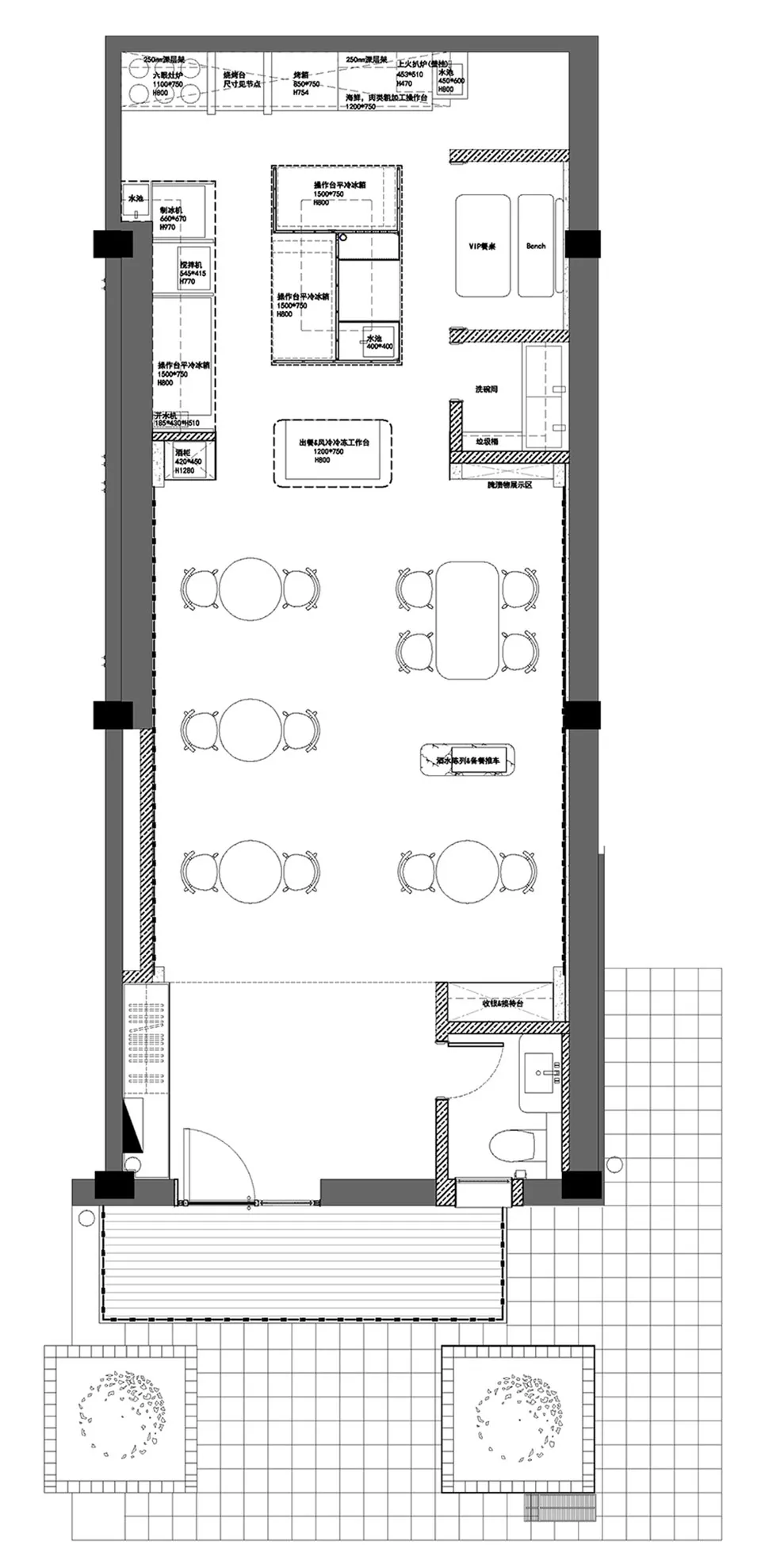 Detailed architectural blueprint of a restaurant interior, showcasing layout, functional zones, and furniture arrangements.