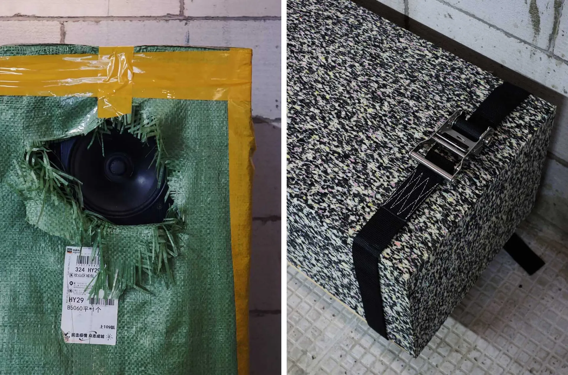 A green fabric wrapped around a black speaker, taped securely with yellow tape.