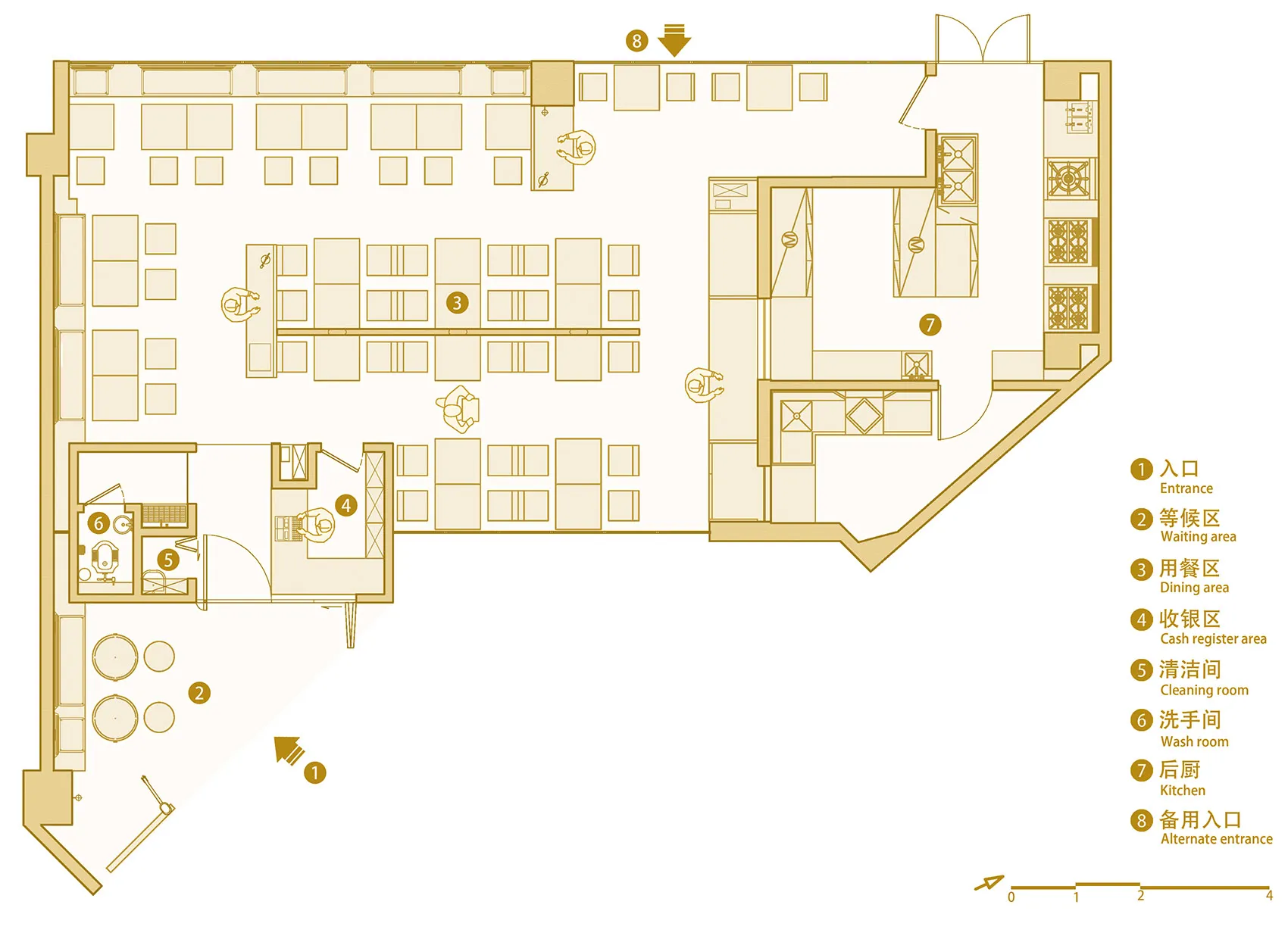 A detailed floor plan of a modern restaurant interior, showcasing contemporary design elements and layouts.