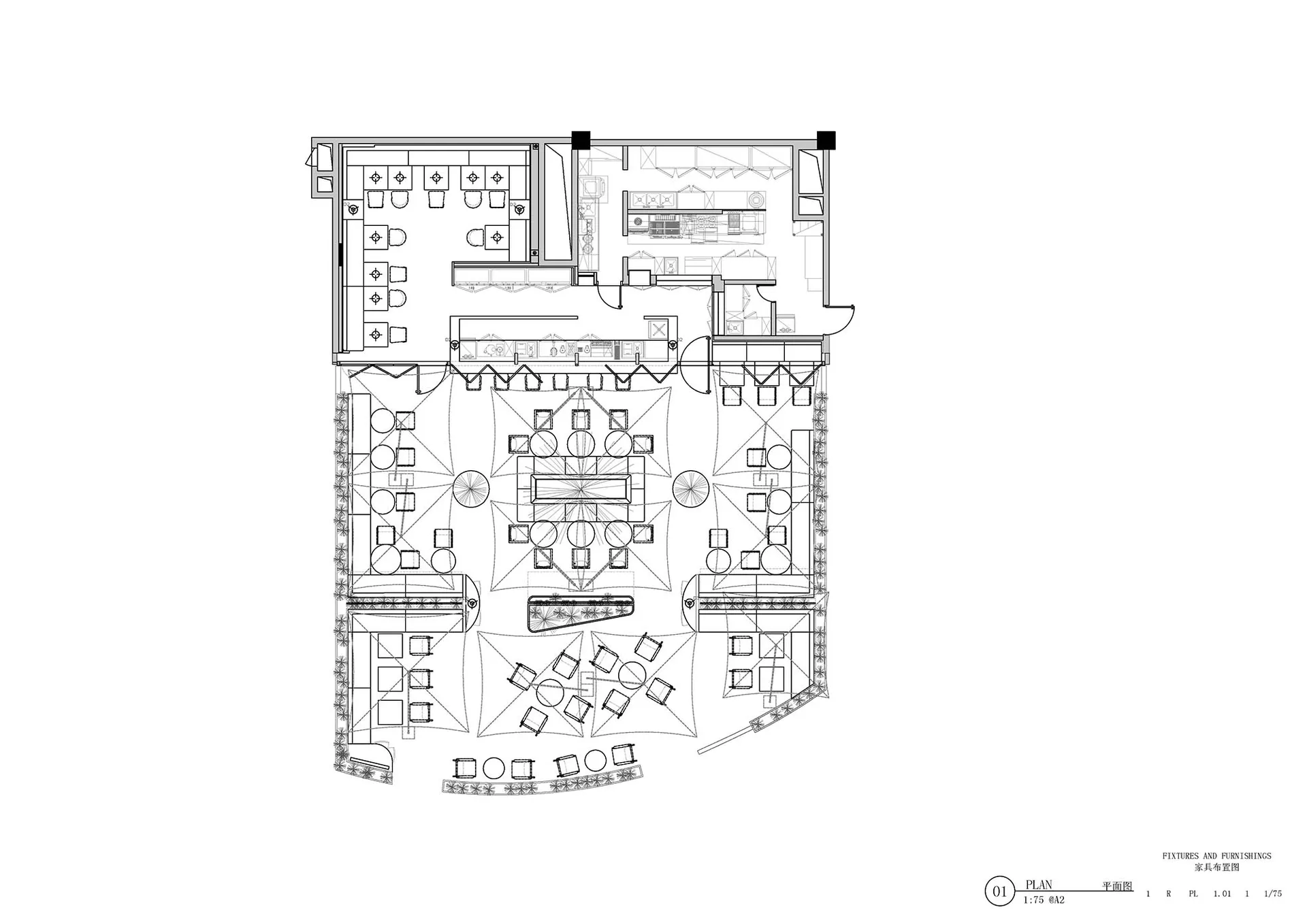 Industrial restaurant design plan with metal fixtures and concrete flooring.