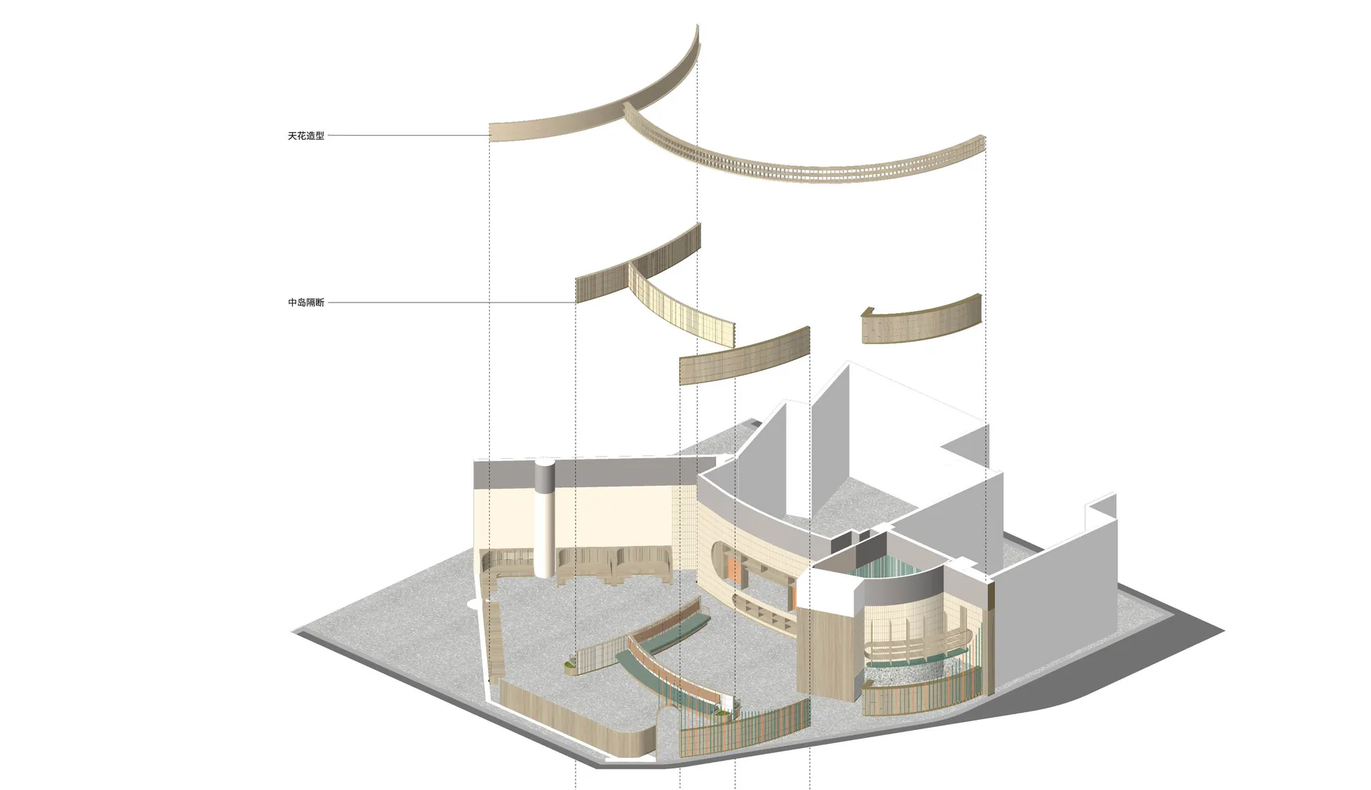 Modern architectural interior with wooden materials and curved design elements.