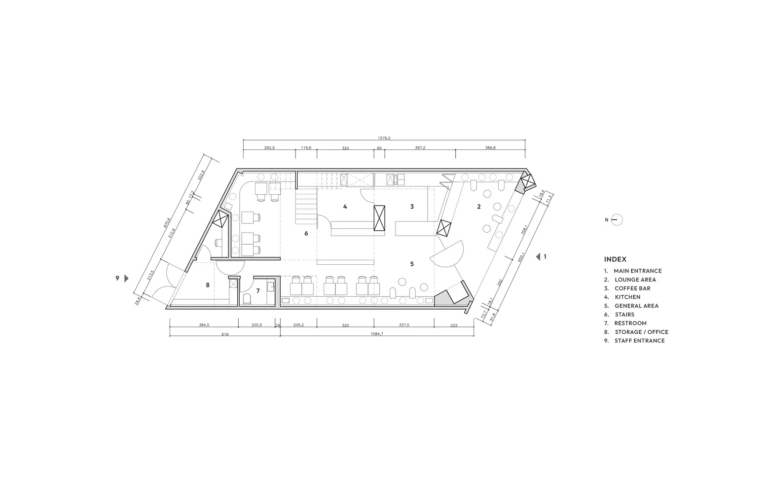 工業風咖啡廳的平面圖，展現混搭材質與空間配置細節。