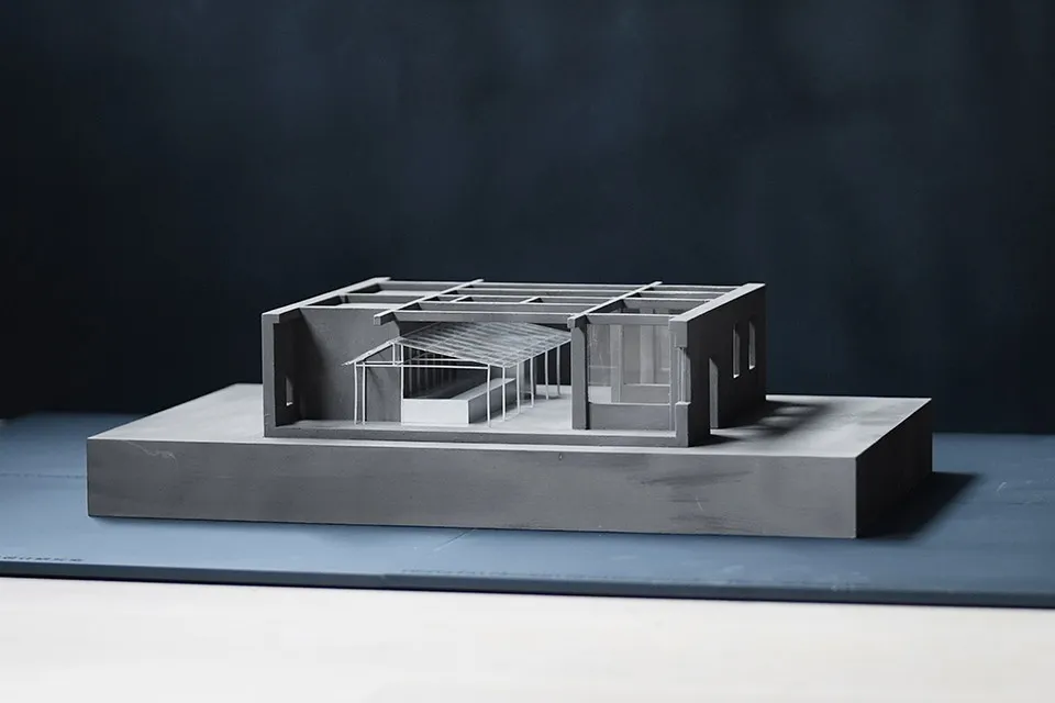A 3D architectural model of a modern office space featuring a wood frame structure.