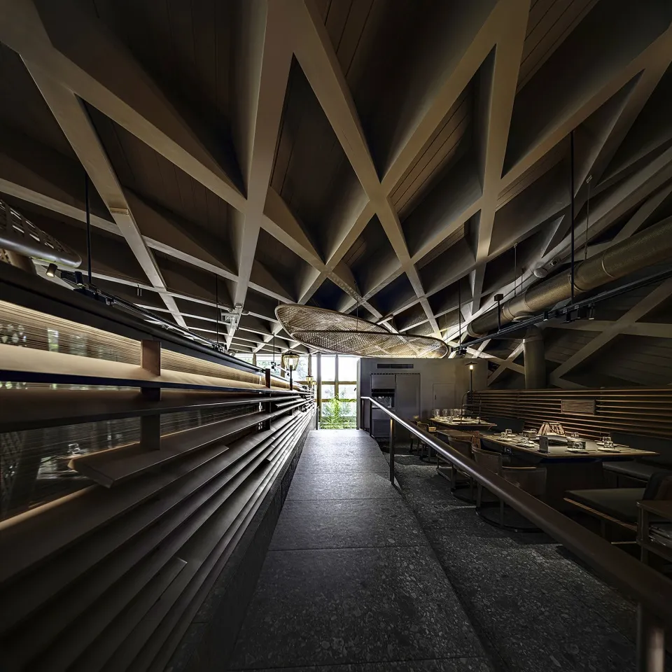Industrial-style restaurant interior featuring a combination of wood materials.