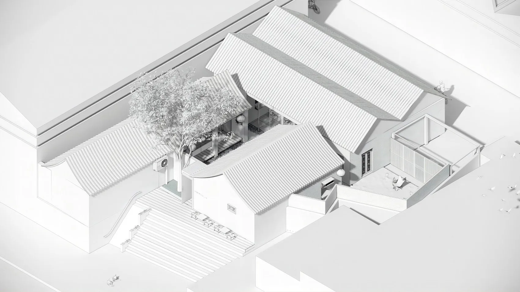 等角 3D 渲染圖，呈現傳統白色屋頂房屋，展現建築設計與空間構成。