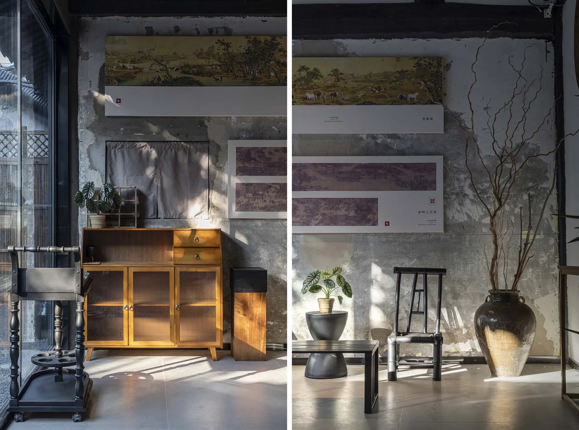 Industrial living room with concrete walls, minimalistic design, and artistic framed paintings.