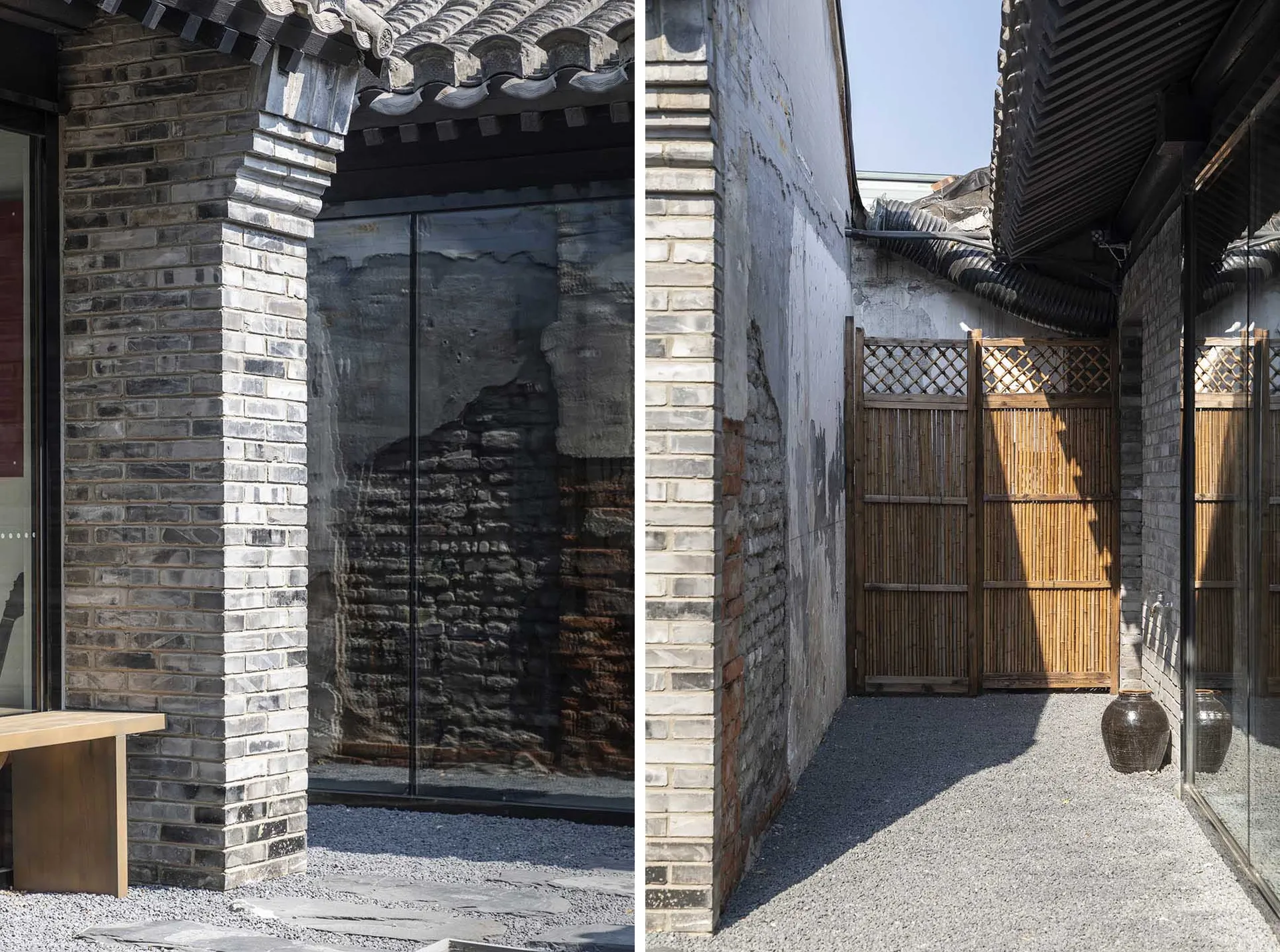 Modern brick interior with glazed walls, wooden accents, and gravel pathway.