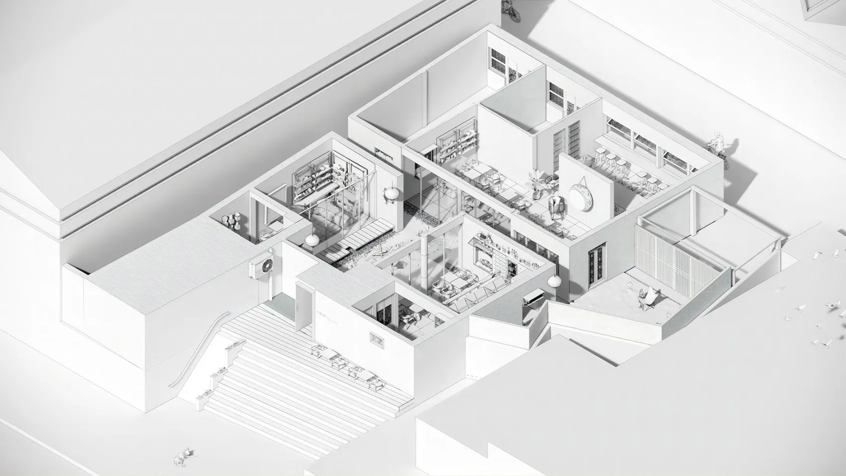 An isometric architectural rendering of a modern restaurant featuring exposed concrete walls and extensive use of glass.