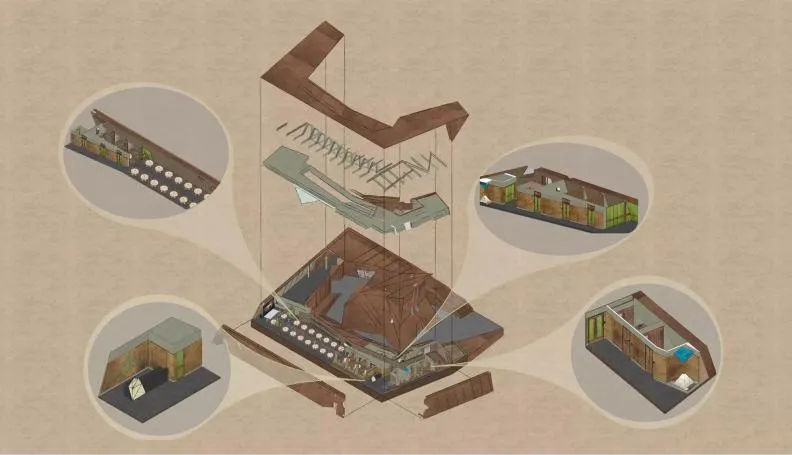 Isometric view of a contemporary architectural structure with structural wood materials.