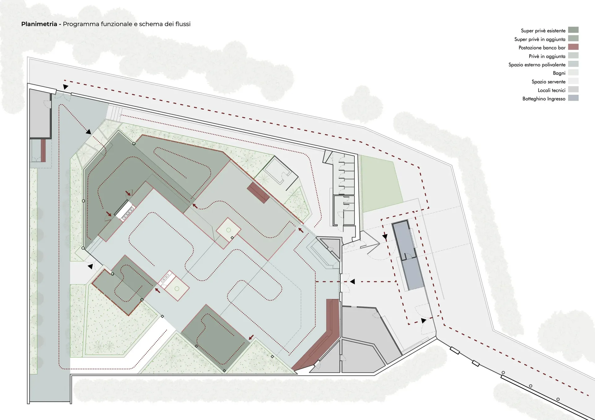 A detailed architectural floor plan of a retail space with various zones and functional areas.