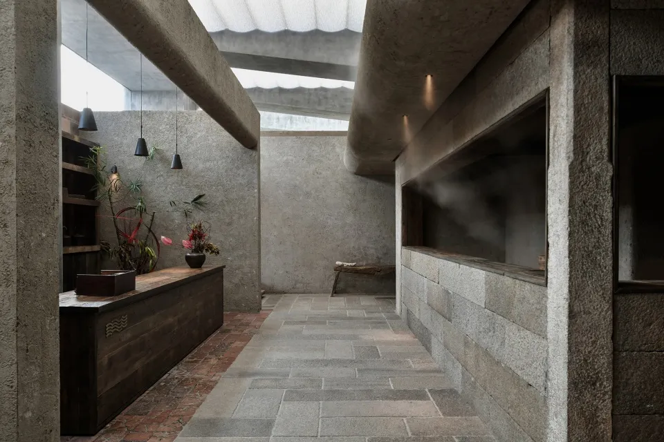 Concrete and glass interior design with modern industrial elements