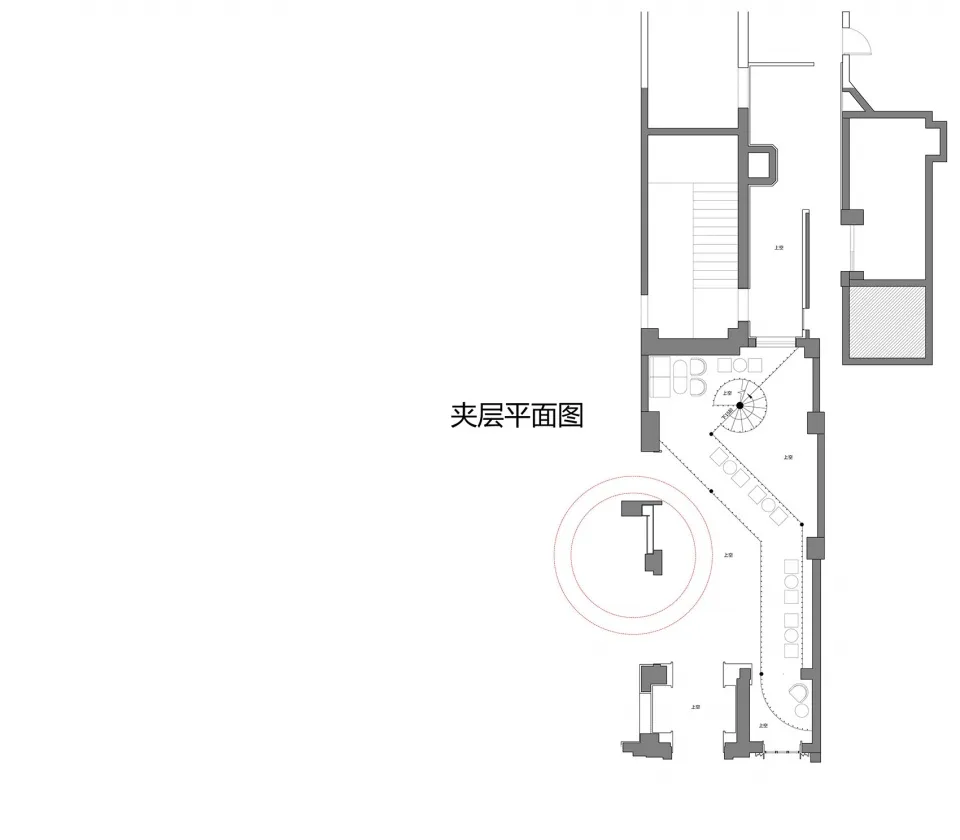 現代室內設計平面圖,帶有圓形焦點區域。