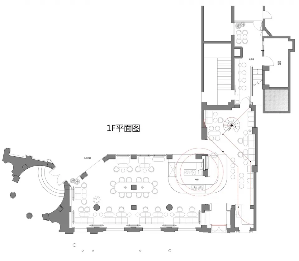 餐廳平面圖的線性二維建築繪圖,顯示座位安排、餐桌與功能分區。