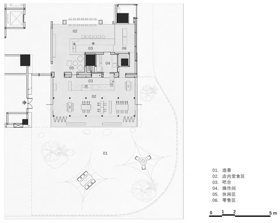 室內空間規劃的2D建築圖,標示不同功能區域的位置。