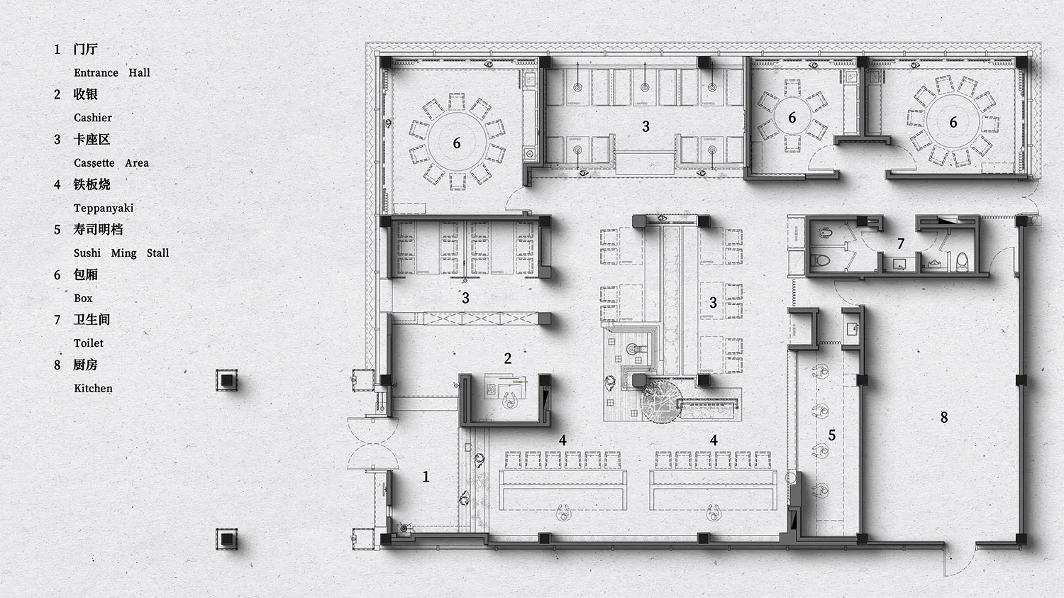 2D architectural drawing of a restaurant interior design layout.