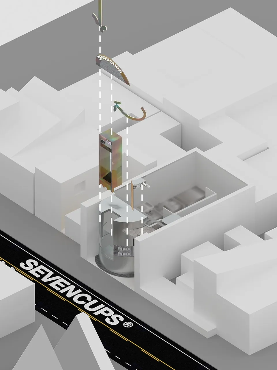 Technical architectural rendering of a building plan set within an urban context.