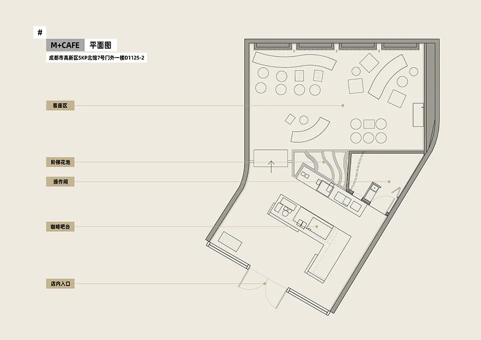 An architectural floor plan of a cafe with labeled areas such as guest seating, step flower bed, kitchen, counter bar, and en