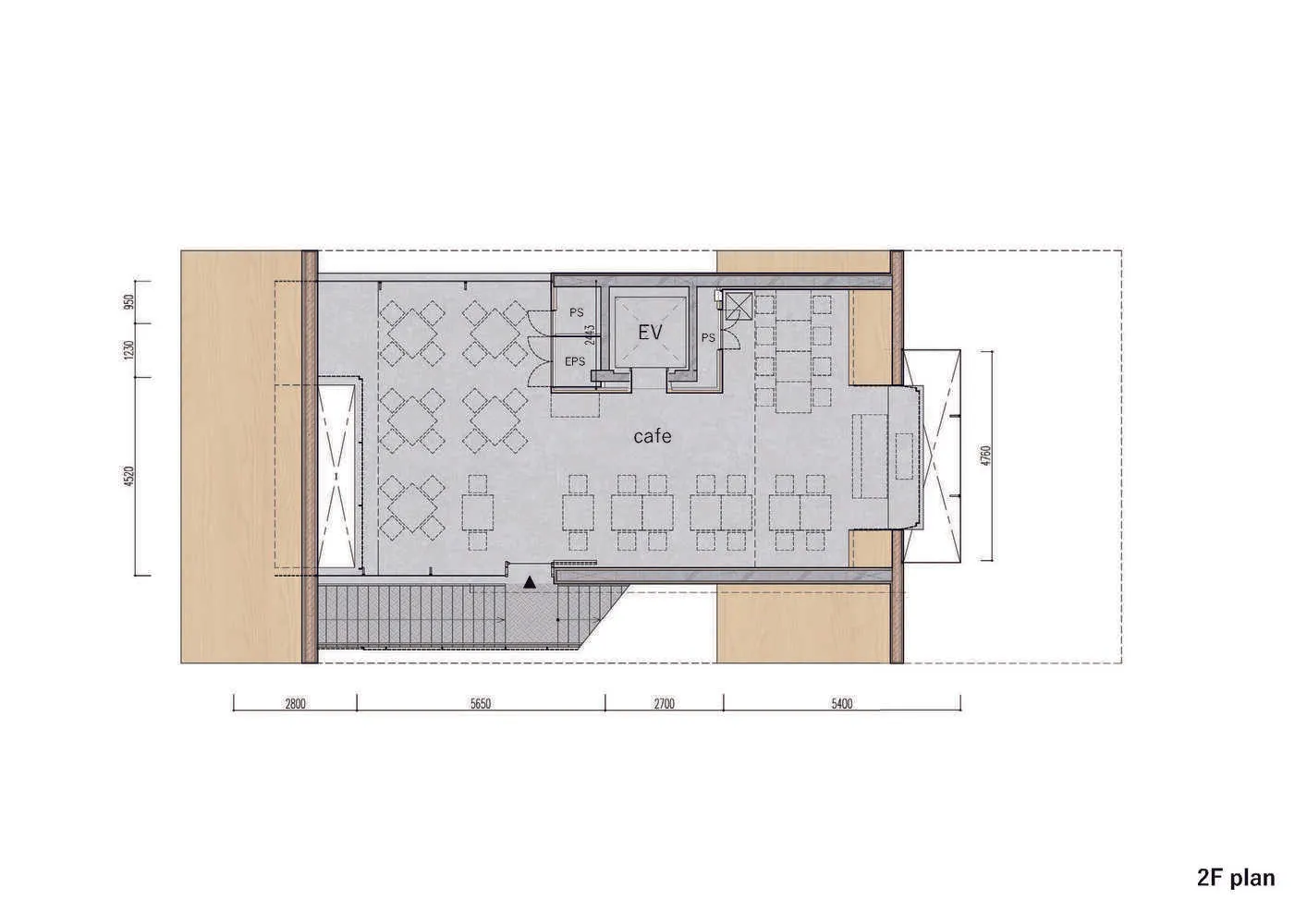 2D architectural drawing of a cafe interior design plan with tables, chairs, and functional zones labeled.
