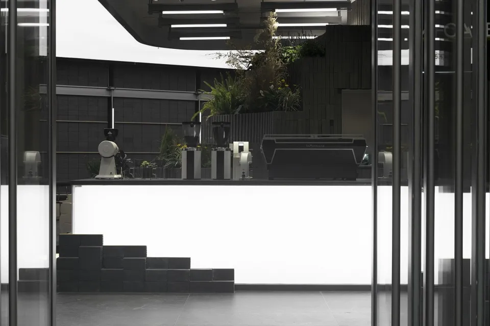 Concrete counter in an industrial-style coffee shop