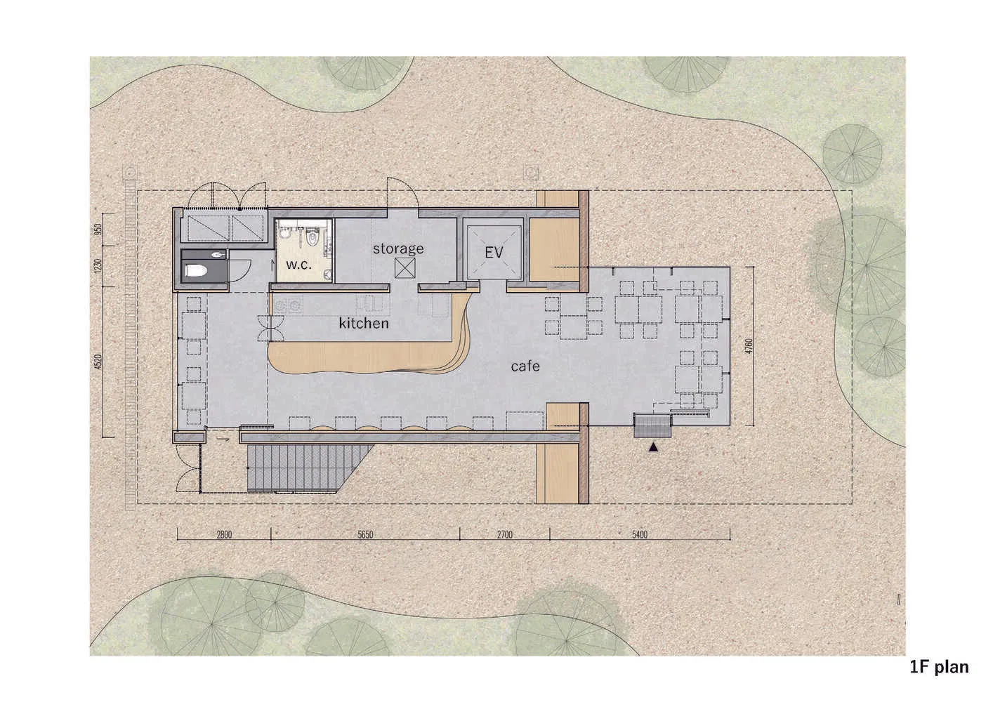 Floor plan of a cafe with concrete materials.