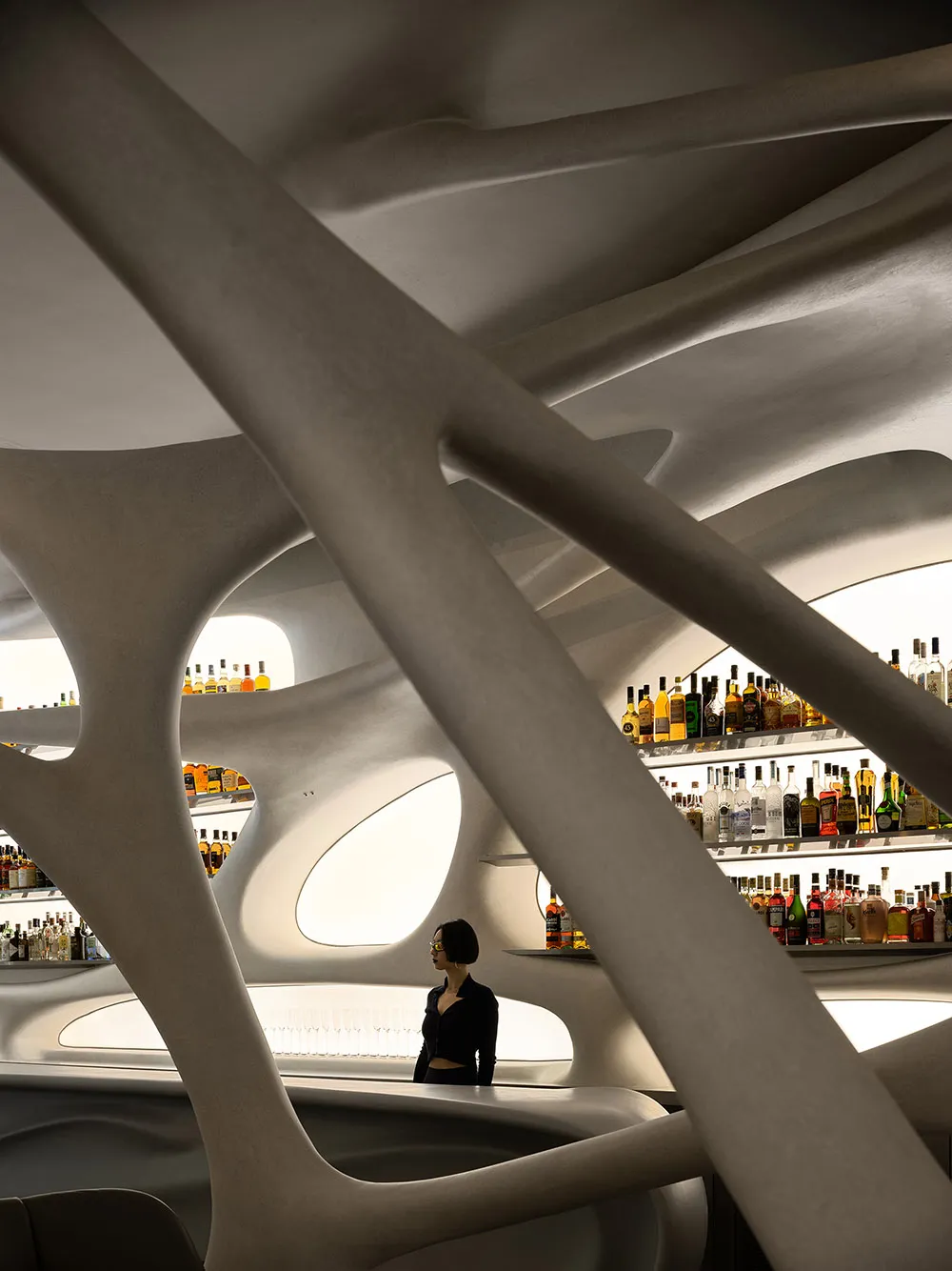現代餐廳酒吧採用獨特有機建築設計,吧台由玻璃與混凝土打造而成。