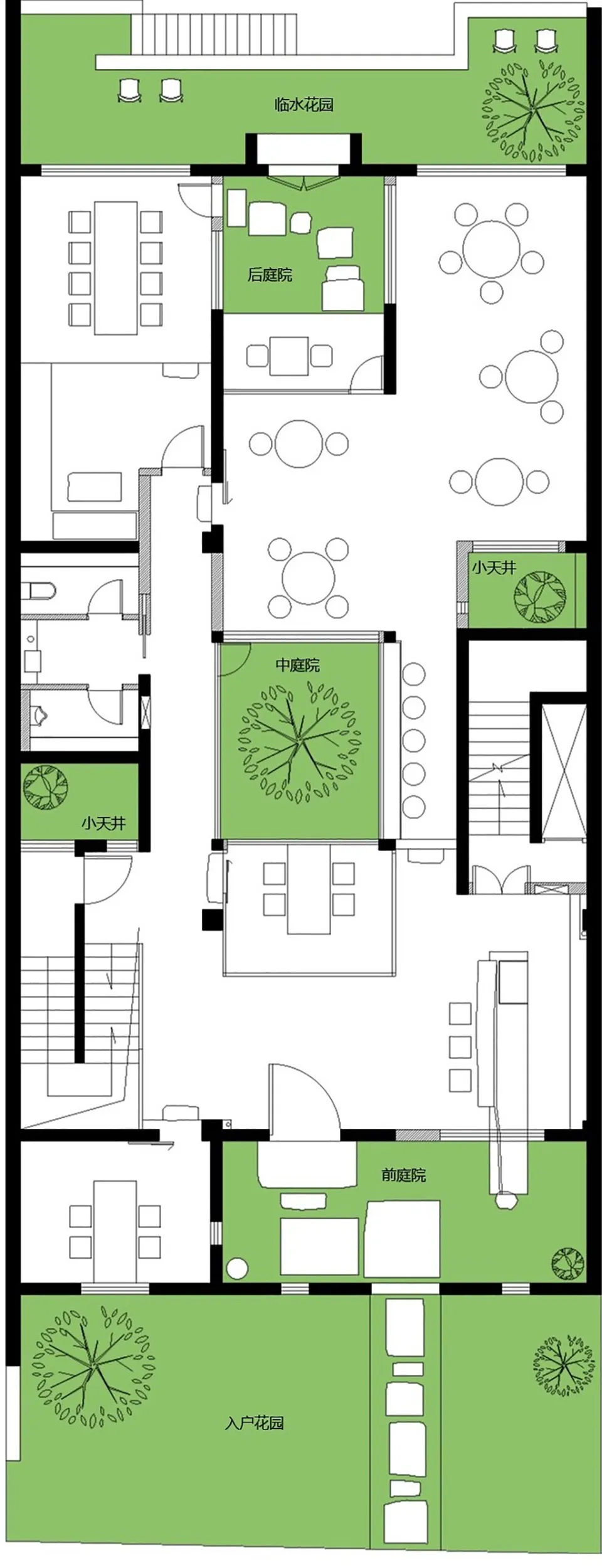 一張描繪房屋與綠意景觀的建築平面圖。