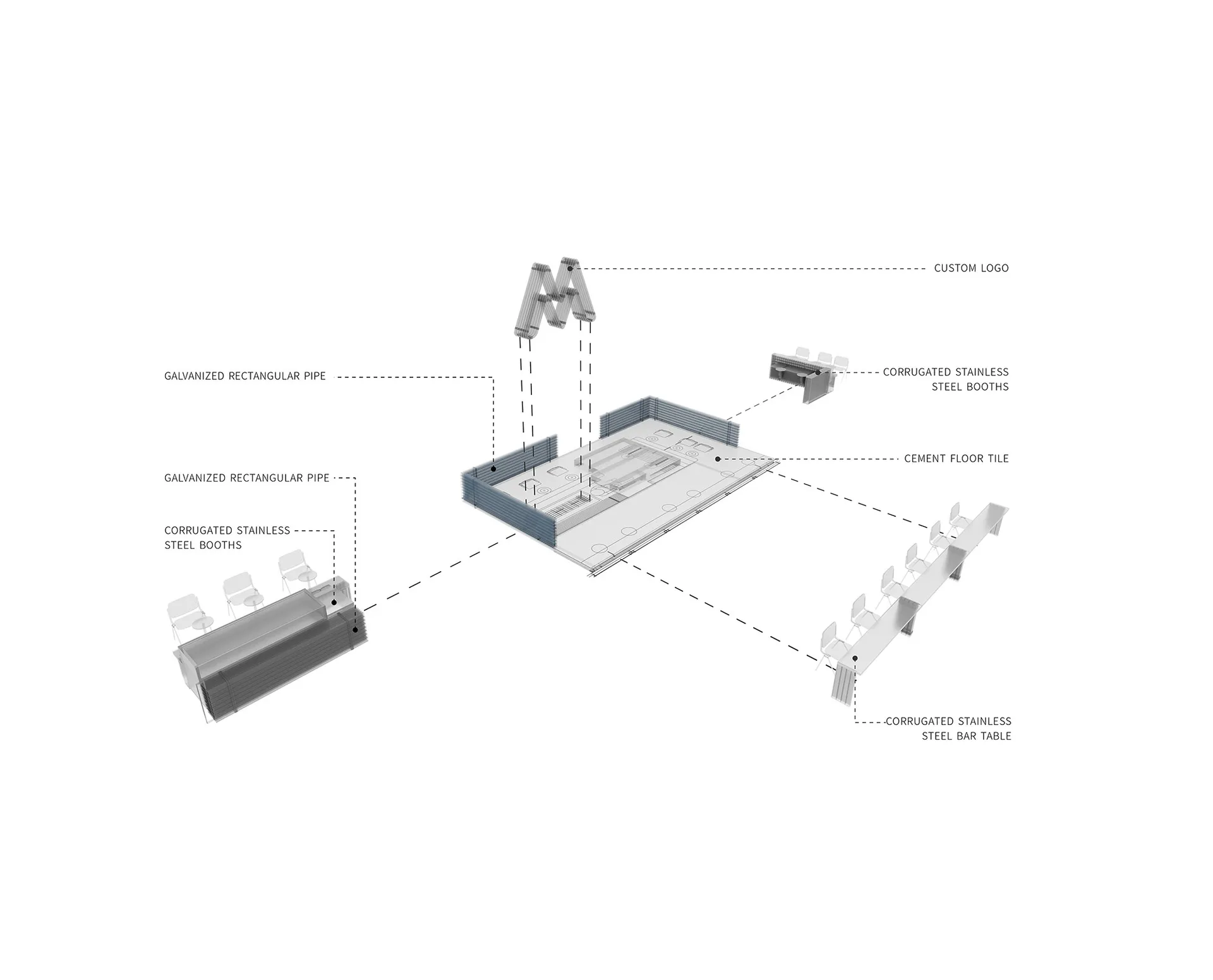 工業風餐廳佈局的3D渲染圖，採用波紋不鏽鋼材質。