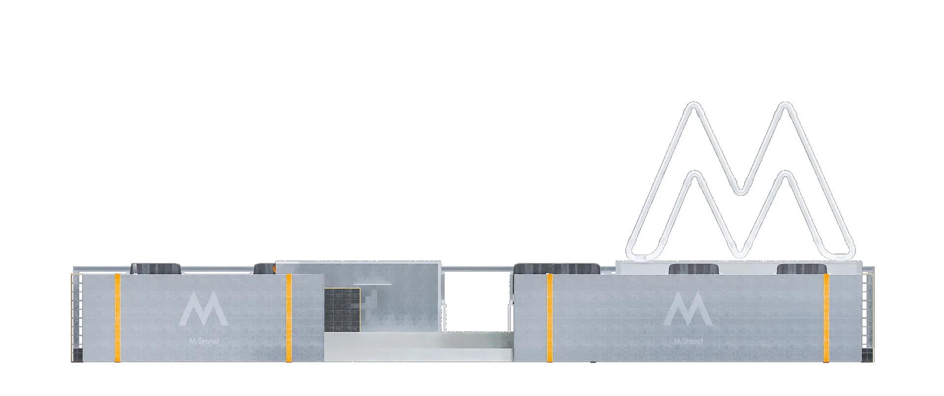 3D rendering of a metal museum exhibit plan with geometric shapes and a large 'M' logo.