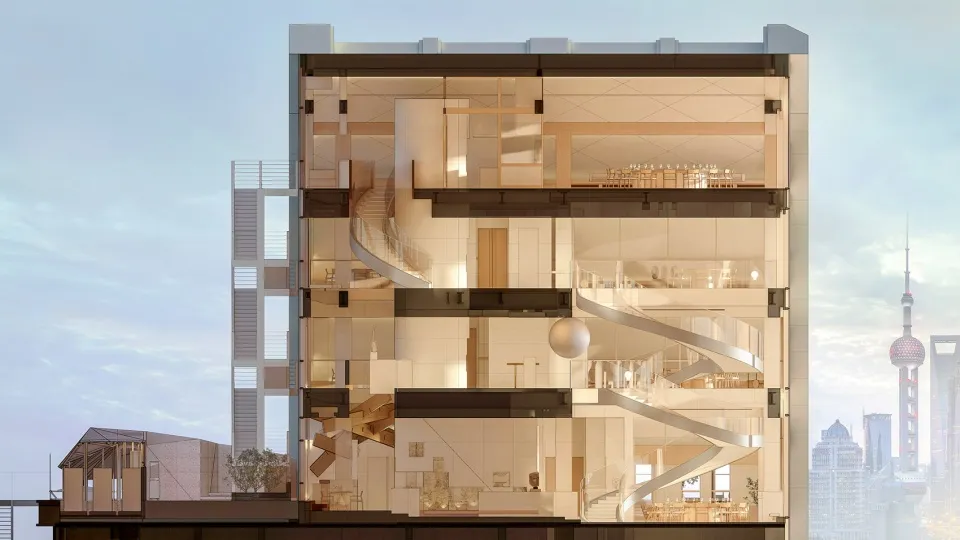 Cross-sectional view of a modern residential structure with a spiral staircase and wood materials.