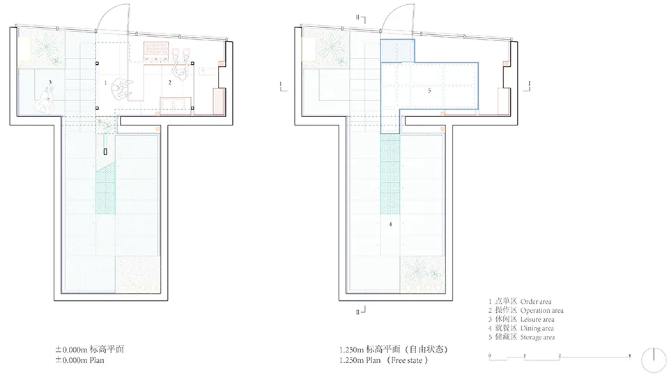 A 2D architectural drawing of a restaurant's floor plan with different zones labeled and a 1.250m scaled plan.