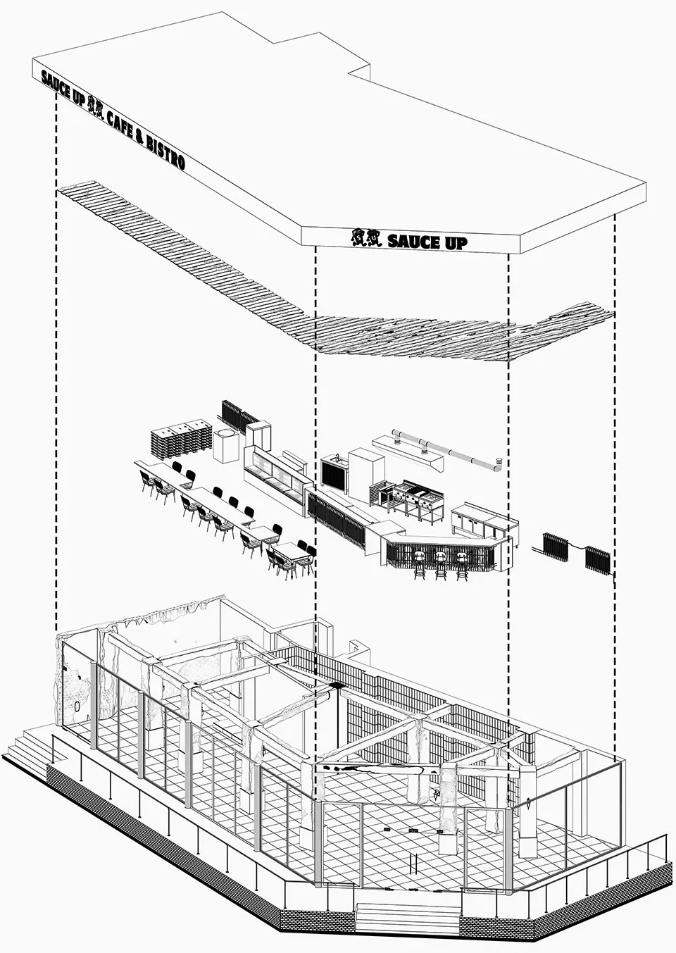 一張工業風餐廳室內的3D建築繪圖,帶有木質元素。