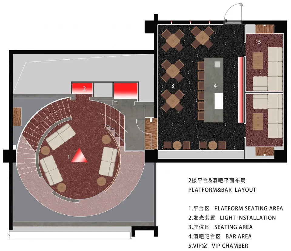 2D architectural rendering of a platform bar area showcasing seating arrangements and lighting installations.