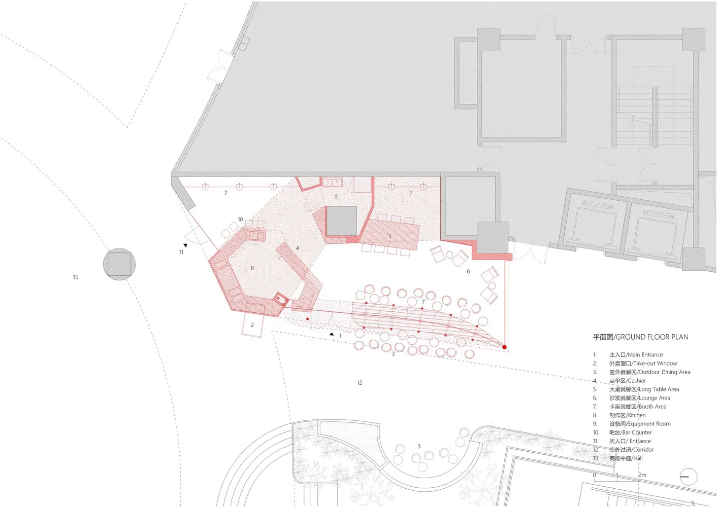A detailed architectural floor plan of a restaurant highlighting functional zones such as dining areas, kitchen, and bar.