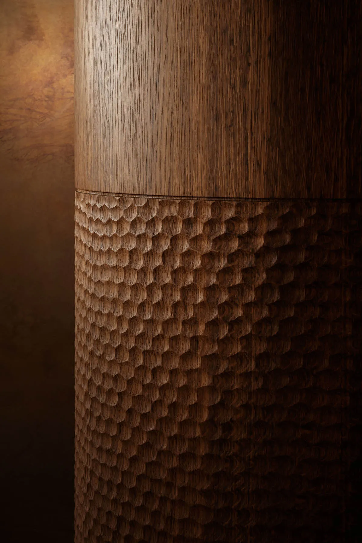 A modern interior space featuring intricate wood carvings.