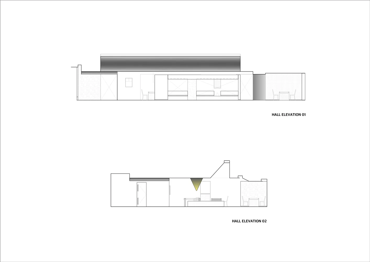 Hall elevation views showcasing architectural design and interior layout.